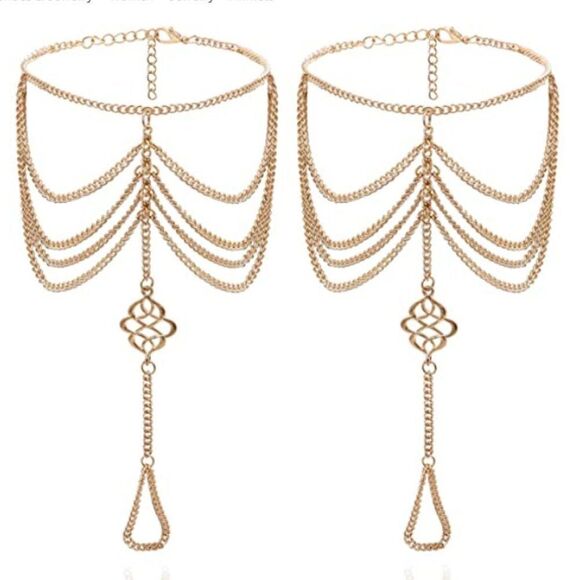 Yellow Gold Celtic Knot Multilayered Adjustable Anklet Foot Chains - Set of 2 - Picture 2 of 6